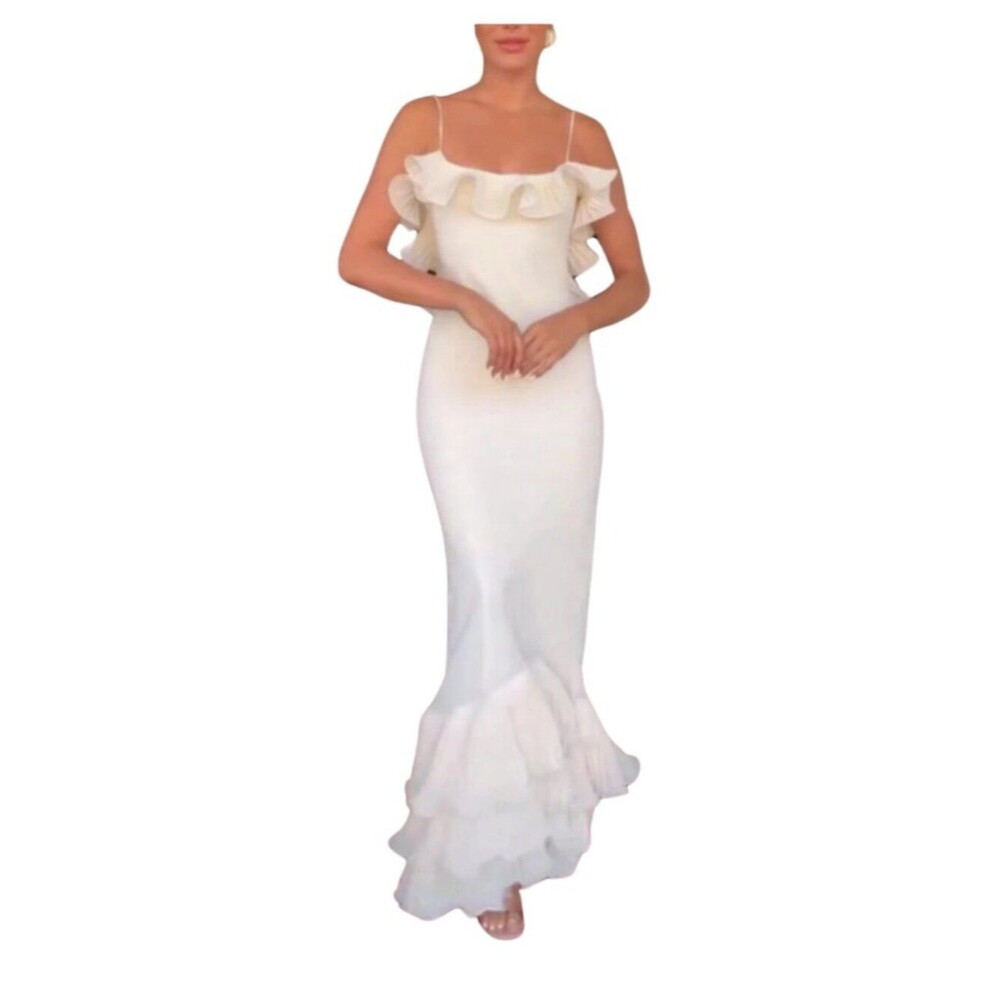Cream Ruffle Trim Backless Mermaid Maxi Dress Boho Beach Vacation Party Sz M - Picture 2 of 10